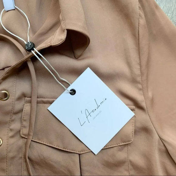 L'Academie Revolve Safari Blouse Camel Lace Up Tie Front Satin long sleeve XS - Picture 13 of 15